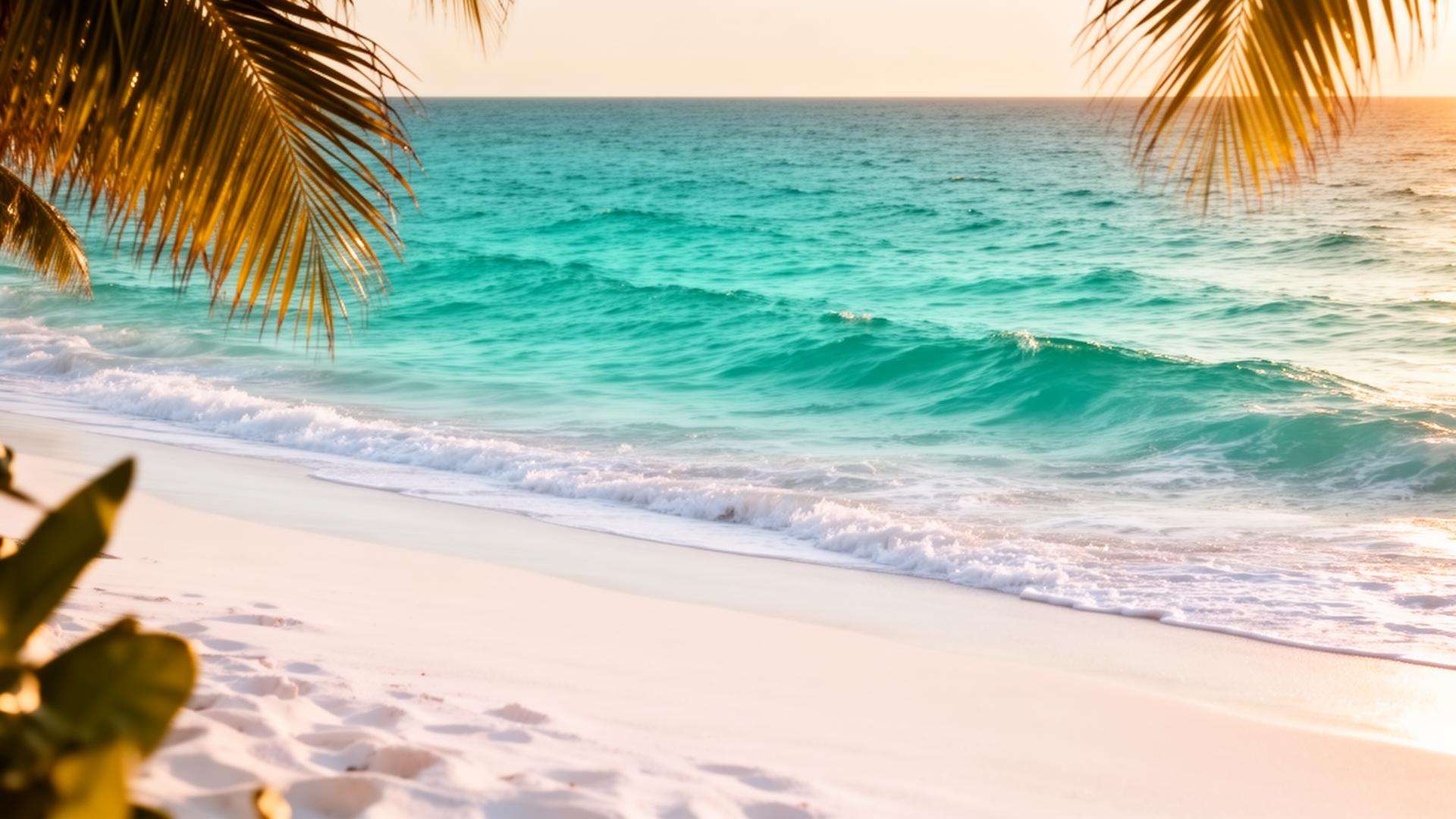 Turquoise tropical beach with palm fronds at golden hour